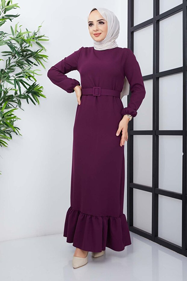 Gülce Krep Elbise - Mor - 5