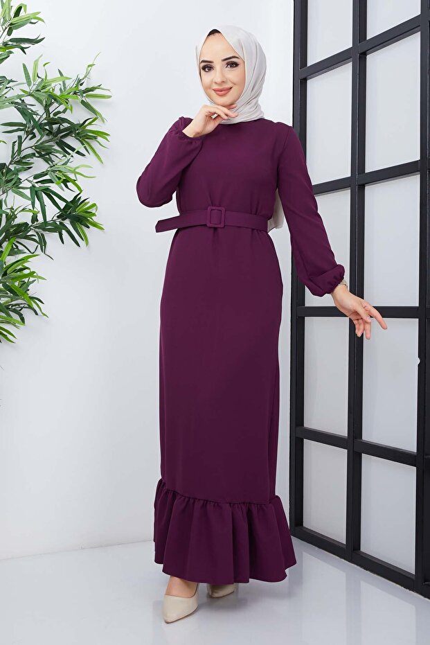 Gülce Krep Elbise - Mor - 3