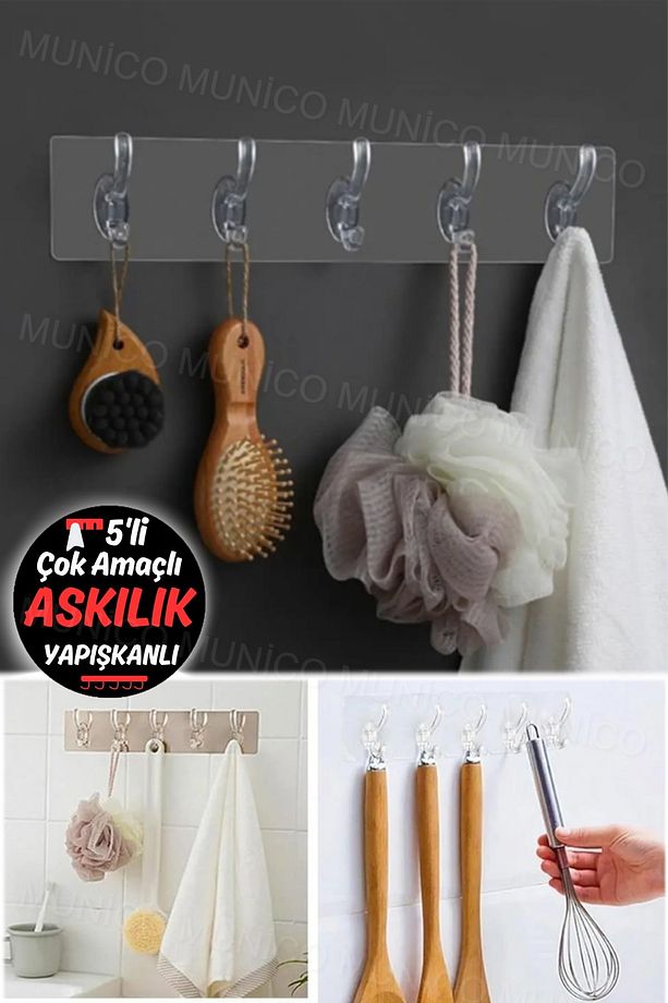 Çok Amaçlı Pratik Heryere Yapışan Askılık Kancalı Askı 5 Kancalı Şeffaf Kapı Arkası Duvara Monte - 2