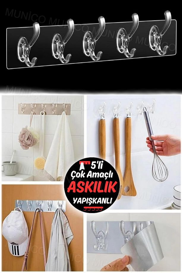 Çok Amaçlı Pratik Heryere Yapışan Askılık Kancalı Askı 5 Kancalı Şeffaf Kapı Arkası Duvara Monte - 8