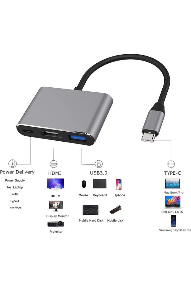 Type-c 3in1 Hdmi 4k Usb 3.0 Görüntü Veri Aktarımı Usb Adaptör Notebook Ve Macbook Ile Uyumlu TC-23 - 6