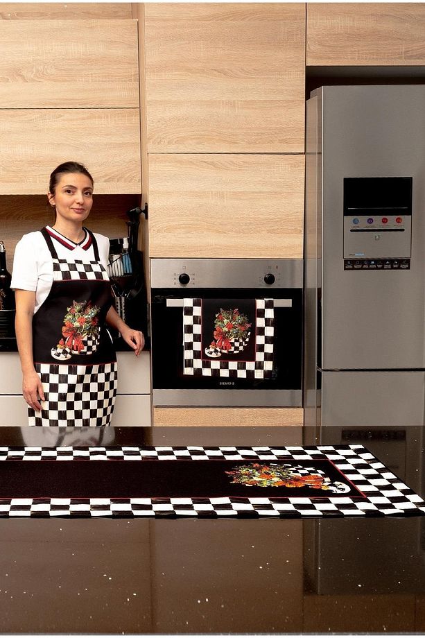 Mackenzie Dama Desenli 3'lü Mutfak Seti - Runner, Fırın Örtüsü Ve Mutfak Önlüğü Hediyelik-ltd368 - 2