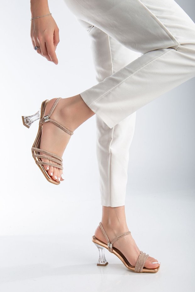 Women's Copper Stone Detailed Transparent Heeled Evening Dress Shoes