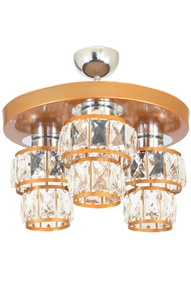 Üçlü Lüks Kristal Taşlı Modern Spor Model Yuvarlak Tepsi Bakır Avize - 1