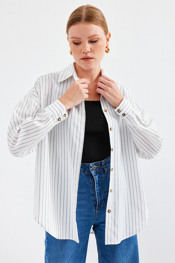 20208 Çizgili Oversize Uzun Basic Gömlek - Beyaz - 2