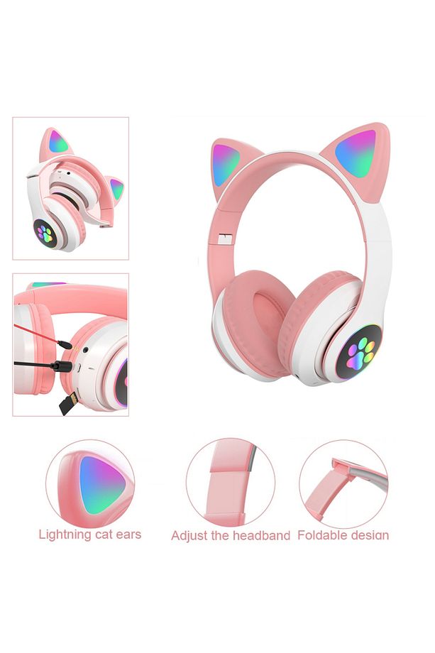 STN28 KABLOSUZ KEDİ KULAKLIK ŞARJLI LED IŞIKLI BLUETOOTH KULAKLIK AUX SD KART - 3