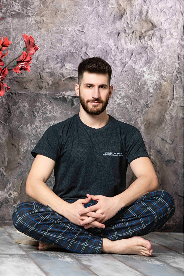 Men's Pajama Set - Null Collar, Patterned, Short Sleeve, Smoked
