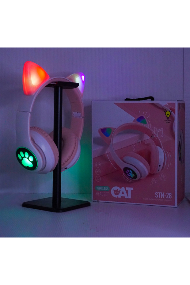 STN28 KABLOSUZ KEDİ KULAKLIK ŞARJLI LED IŞIKLI BLUETOOTH KULAKLIK AUX SD KART - 6