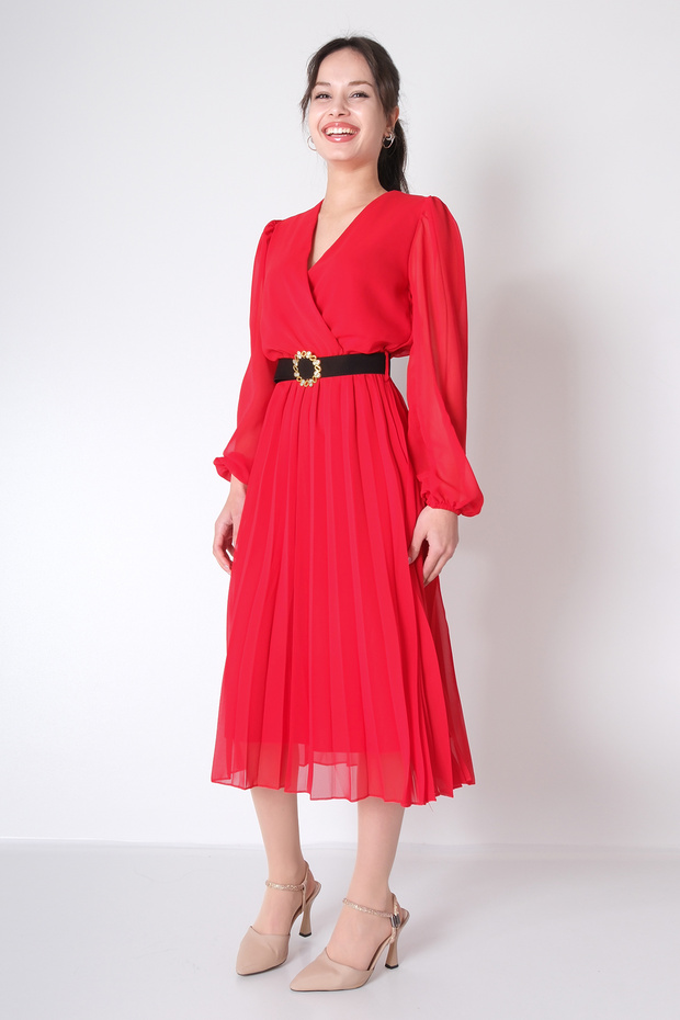 Piliseli Şifon Elbise - 5