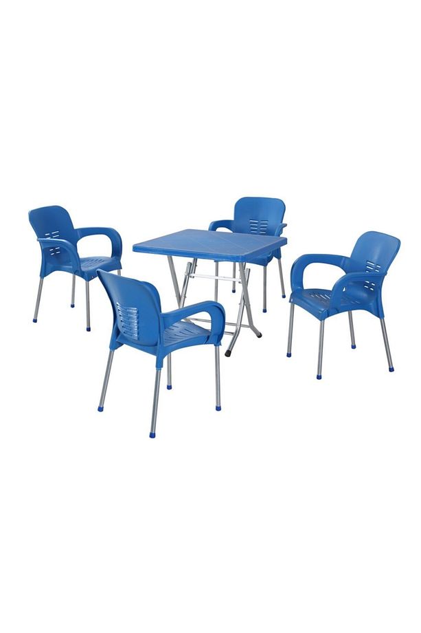Katlanır Metal Ayaklı Masa Takımı 80x80 Cm 4 Adet Metal Ayaklı Sandalye Takımı Mavi - 1