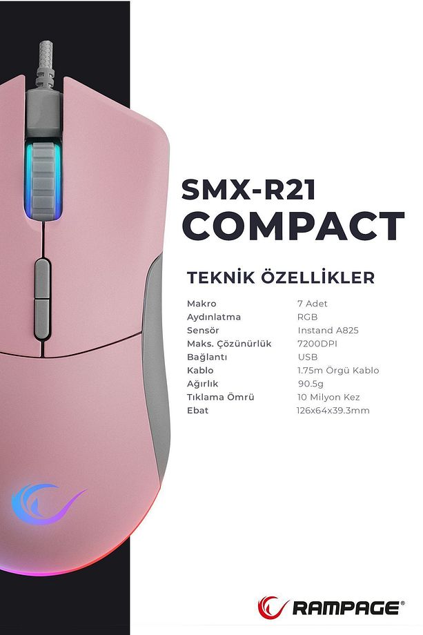 Smx-r21 Compact Usb Pembe Rgb Ledli Makrolu 12800dpi / 1000hz Drag Click Gaming Oyuncu Mouse - 6