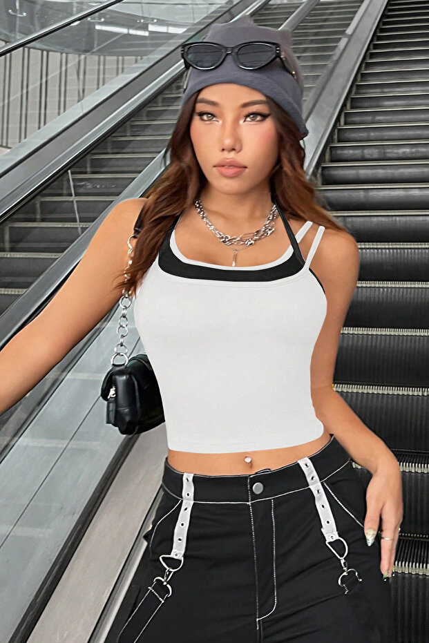 Kadın Siyah Beyaz Çift Renk Çapraz Askılı Crop Top Bluz - 5