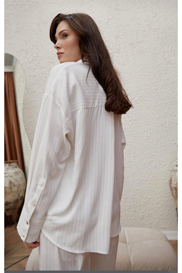 Şık Oversize Gömlek Ekru - 2