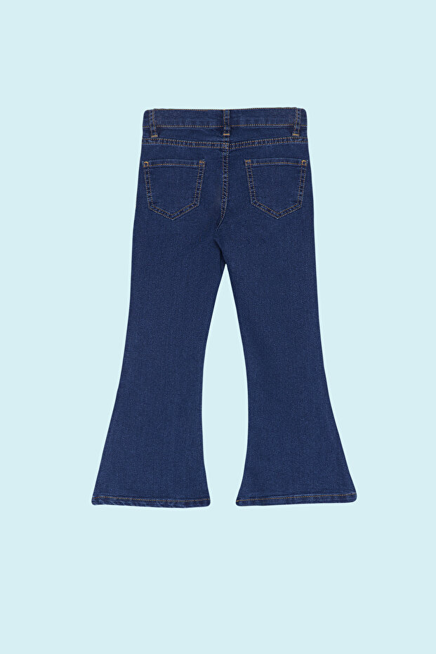 Koyu Mavi Kız Çocuk Geniş Paça/Flare Esnek Lastikli Denim Pantolon Jean TKDSS24PL00011 - 3