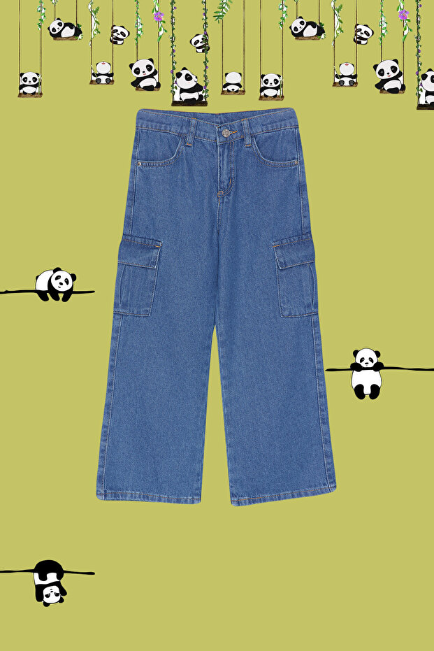 Koyu Mavi Kız Çocuk Wide Leg Kargo Cepli Pamuklu Lastikli Denim Pantolon Jean TKDSS24PL00001 - 2