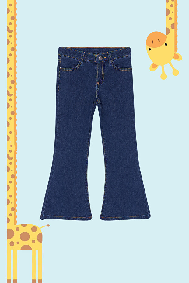 Koyu Mavi Kız Çocuk Geniş Paça/Flare Esnek Lastikli Denim Pantolon Jean TKDSS24PL00011 - 4
