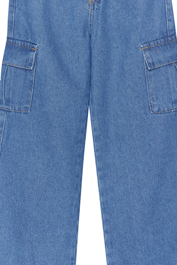 Koyu Mavi Kız Çocuk Wide Leg Kargo Cepli Pamuklu Lastikli Denim Pantolon Jean TKDSS24PL00001 - 4
