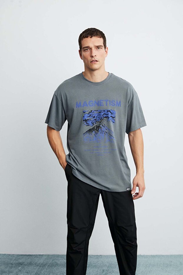 Maddox Men's 100% Organic Cotton Print Detailed Thick Textured Oversize Fit Gray T-Shirt