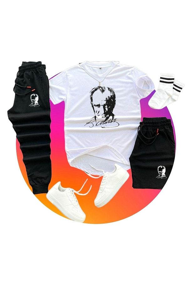 Mustafa Kemal Atatürk Baskılı Original Ünisex Yazlık Şort T-shirt Eşofman Altı 3 Lü Set Combin Takım - 3