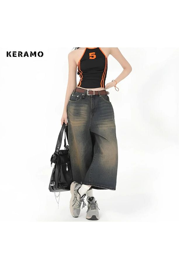 Harajuku Siyah Yıkamalı Y2K Baggy  Kapri Kot Şort - 1