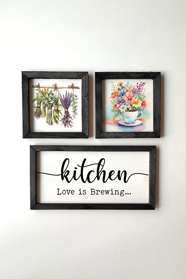 Kitchen Love Is Brewing 3 Piece Painting Set with Lettering, Wooden Frame, Watercolor Effect Greenery