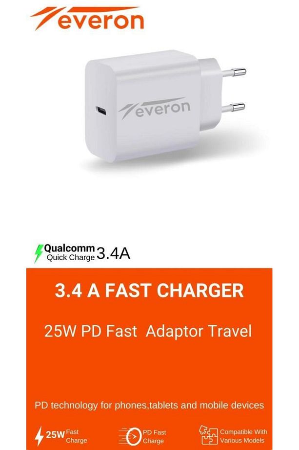 Samsung ve Android Tüm Modeller için Uyumlu 25W Hızlı Şarj Başlığı Type-C Girişli Everon EVR003 - 5