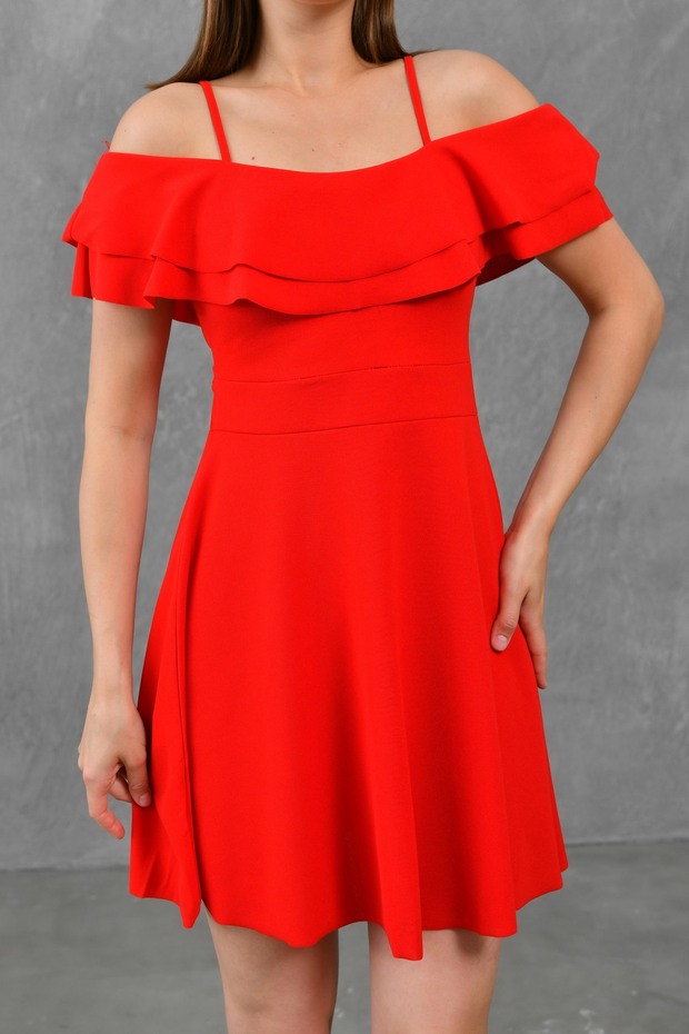 Women's Thin Strap Flounce Bell Cut Red Short Evening Dress 014
