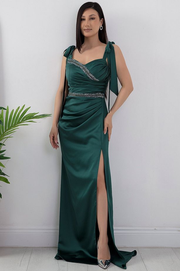 Önü Ve Beli Taşlı Saten Abiye Elbise DMN4641 - 5