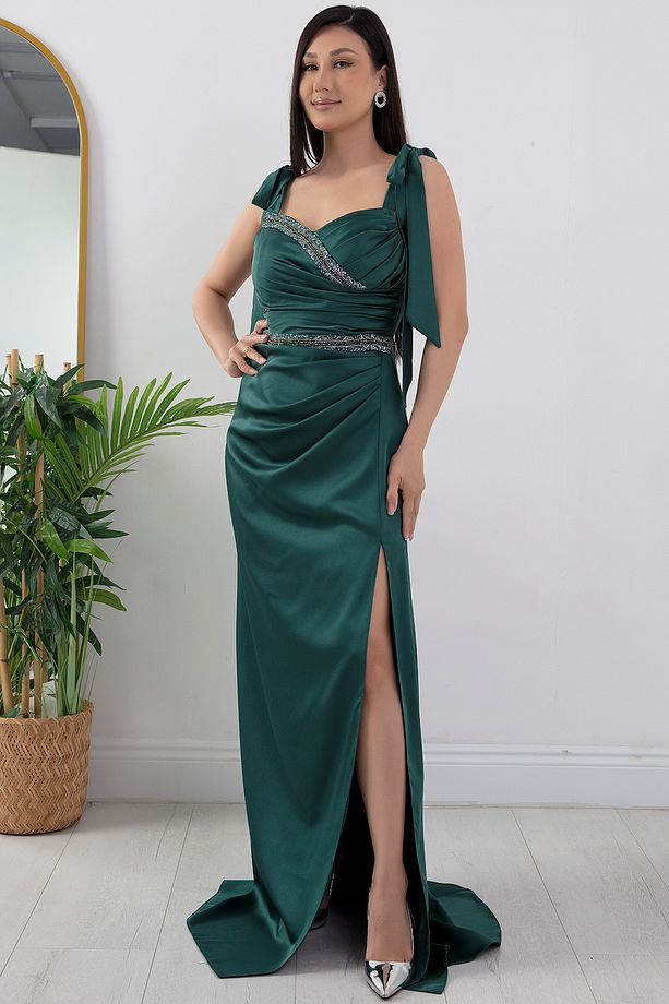 Önü Ve Beli Taşlı Saten Abiye Elbise DMN4641 - 4