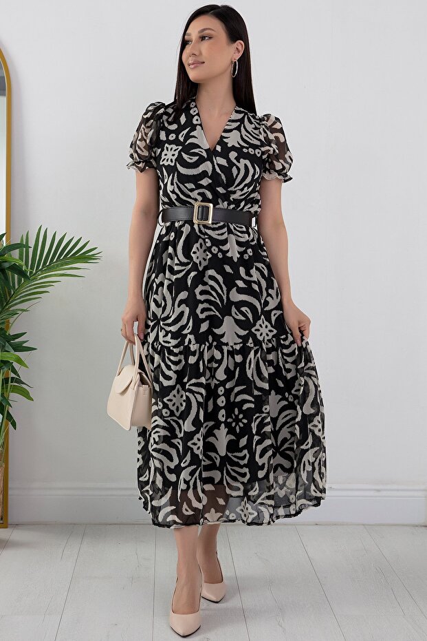 Kruvaze Yaka Kemerli Şifon Elbise GRS3224 - 1