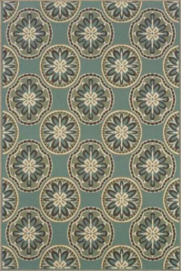 Floral Geometric Shape Patterned Decorative Washable Carpet in Green Ball Miravip8434