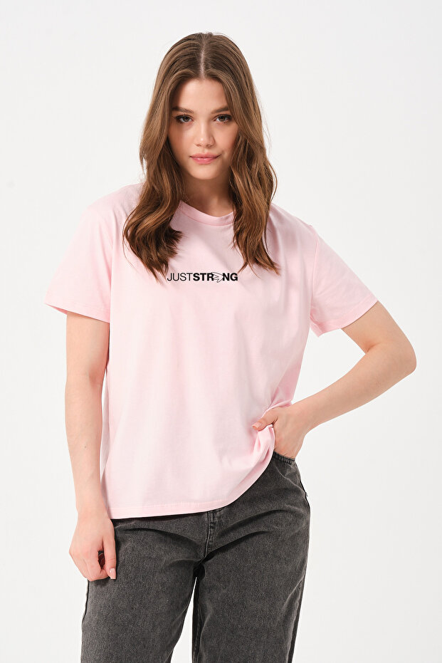 Women's Pink Just Strong Text Print Detailed Relaxed Fit T-Shirt
