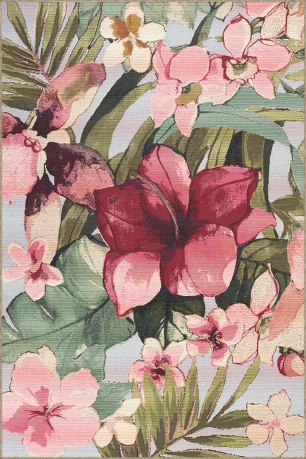 Flower Figured Pink Green Colorful Patterned Decorative Washable Carpet Miravip8447