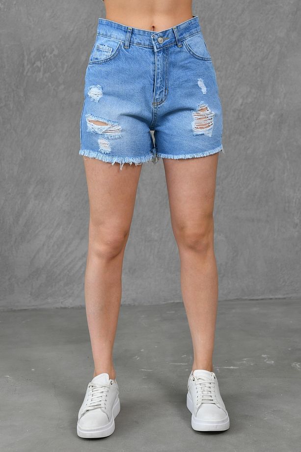 Likrasız Yırtık Detaylı Yüksek Bel Mavi Kot Şort Yırtık Mavi Denim Şort 70344 - 5