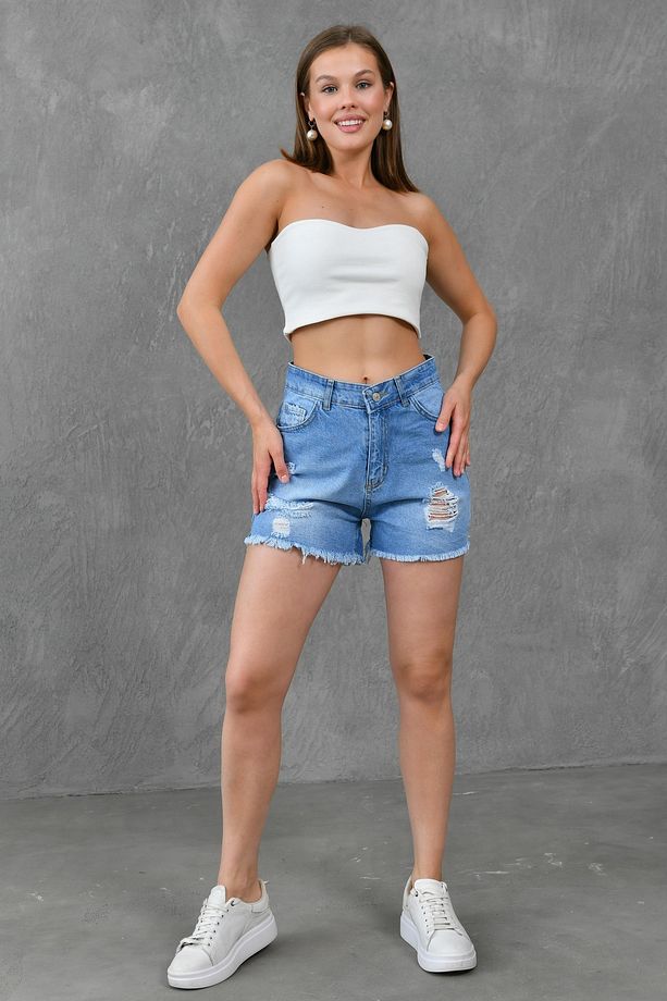 Kadın Yırtık Detaylı Yüksek Bel Likrasız Mavi Kot Şort Mavi Denim Şort 70344 - 7