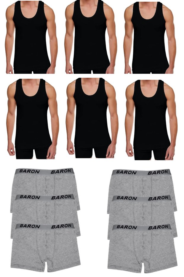 12-Pack Men's Underwear Set 6 Cotton Black Undershirts + 6 Gray Melange Stretch Boxer Giant Advantage Package
