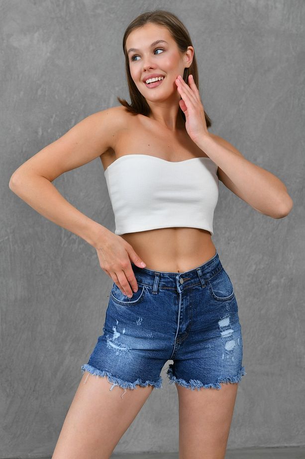 Likralı Yırtık Detaylı Yüksek Bel Koyu Mavi Esnek Kot Şort Yırtık Mavi Denim Şort 70354 - 8