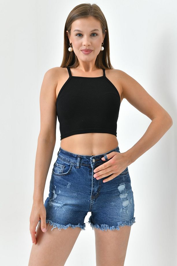 Kadın Yırtık Detaylı Yüksek Bel Likralı Mavi Kot Şort Esnek Mavi Denim Şort 70354 - 3