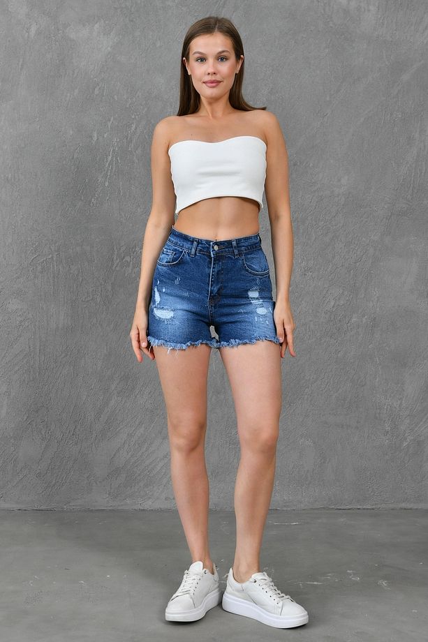 Kadın Yırtık Detaylı Yüksek Bel Likralı Mavi Kot Şort Esnek Mavi Denim Şort 70354 - 1