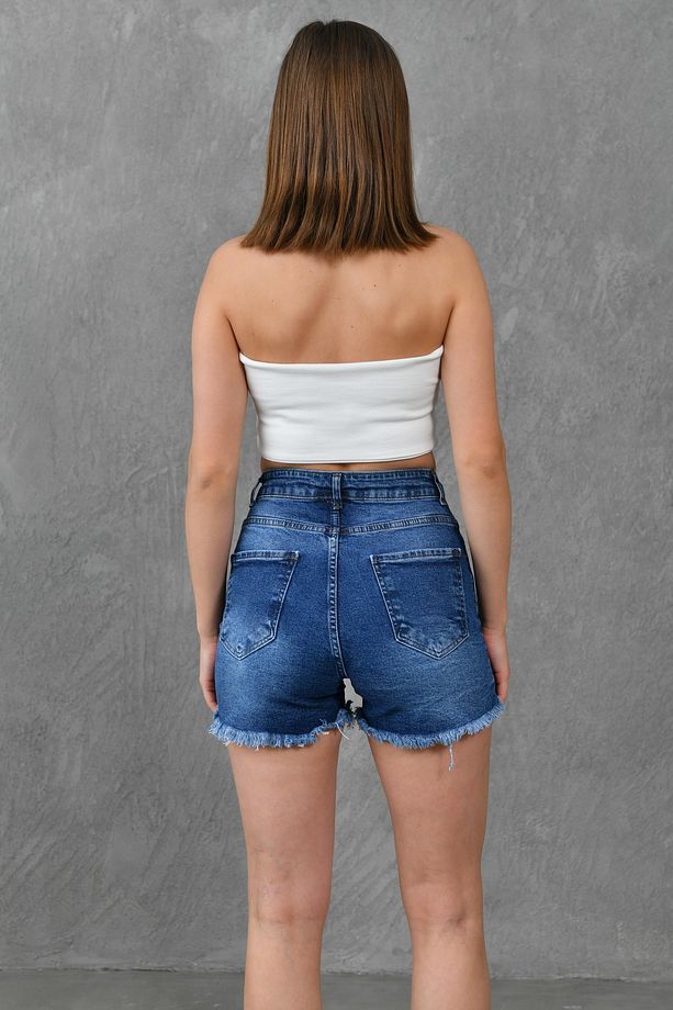 Likralı Yırtık Detaylı Yüksek Bel Koyu Mavi Esnek Kot Şort Yırtık Mavi Denim Şort 70354 - 7