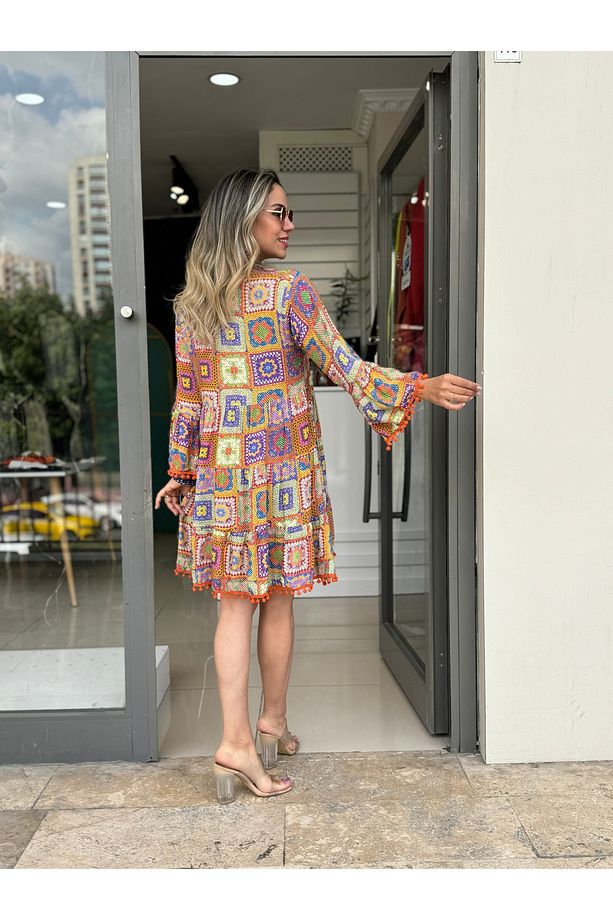 patchwork Kloş Elbise Turuncu Mini ELbise - 4