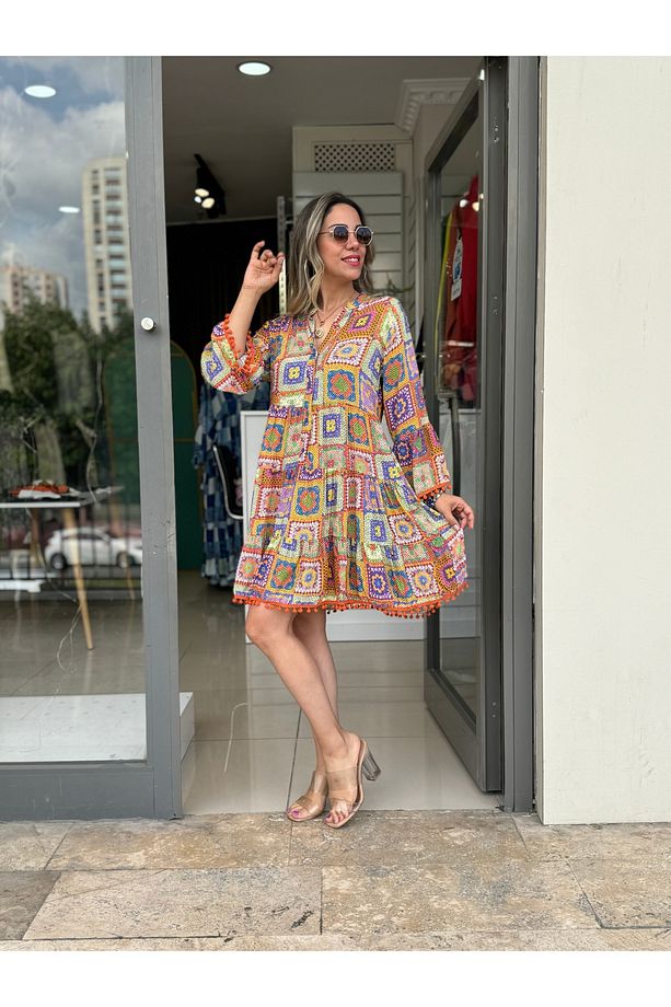 patchwork Kloş Elbise Turuncu Mini ELbise - 5