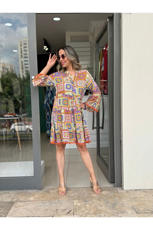 patchwork Kloş Elbise Turuncu Mini ELbise - 3