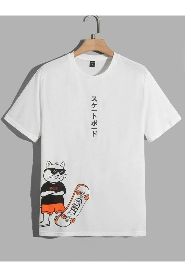 Skateboarder Cat Printed Crewneck Standard Fit Short Sleeve Youth and Children's T-Shirt