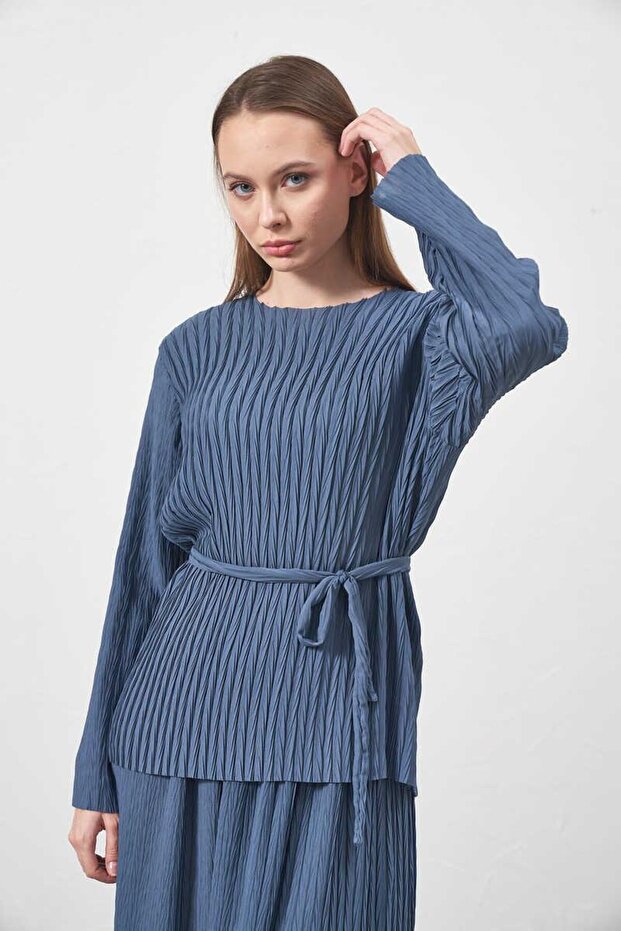 Pliseli Bluz İndigo - 6
