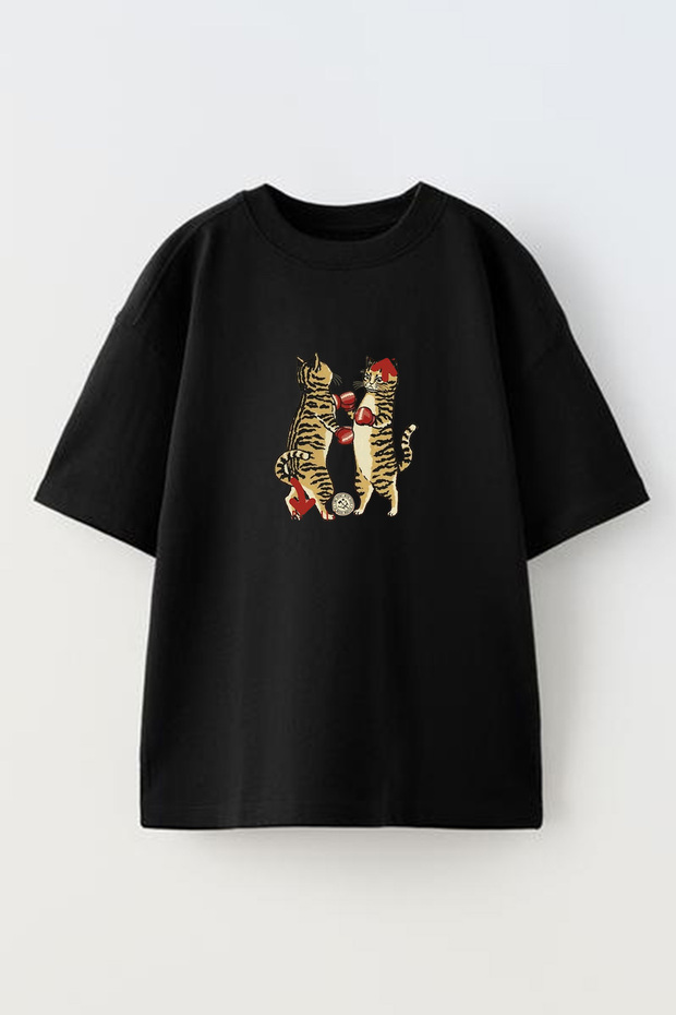 Unisex Black Oversized Cotton Boxer Cats Printed Knit t-shirt