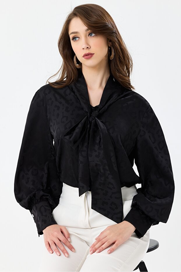 Women's Oversize Blouse Shirt with Patterned Balloon Sleeves and Shoulder Gather Detail