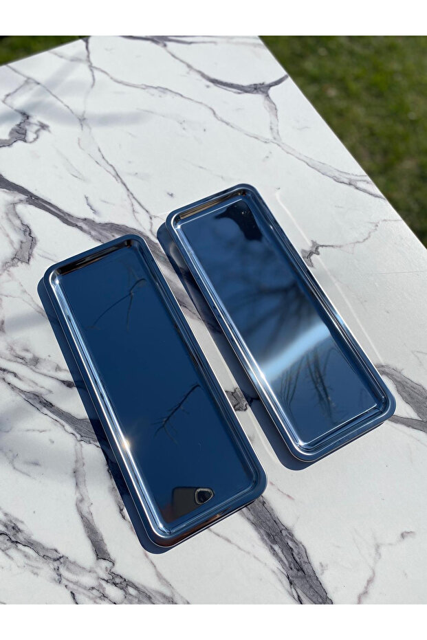 صينية تقديم الشاي والقهوة مستطيلة فضية مكونة من قطعتين - 3