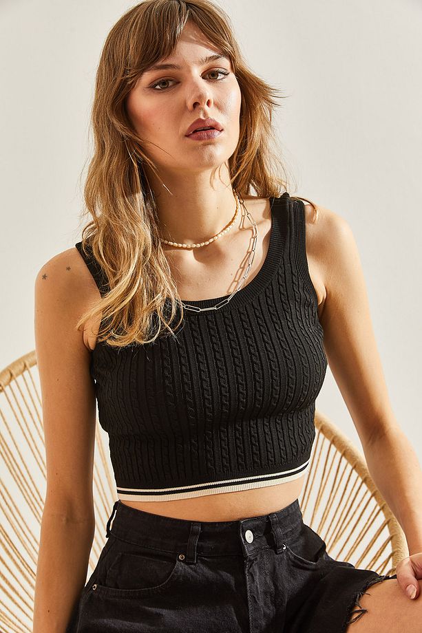 Kadın Kalın Askılı Triko Crop Bluz 20246140 - 4