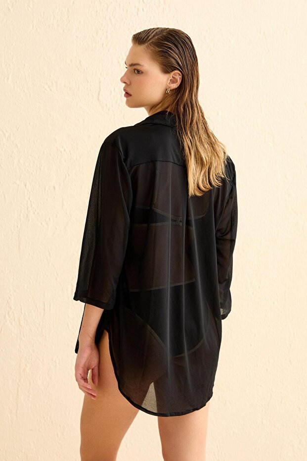 Siyah Plaj Gömlek - 4